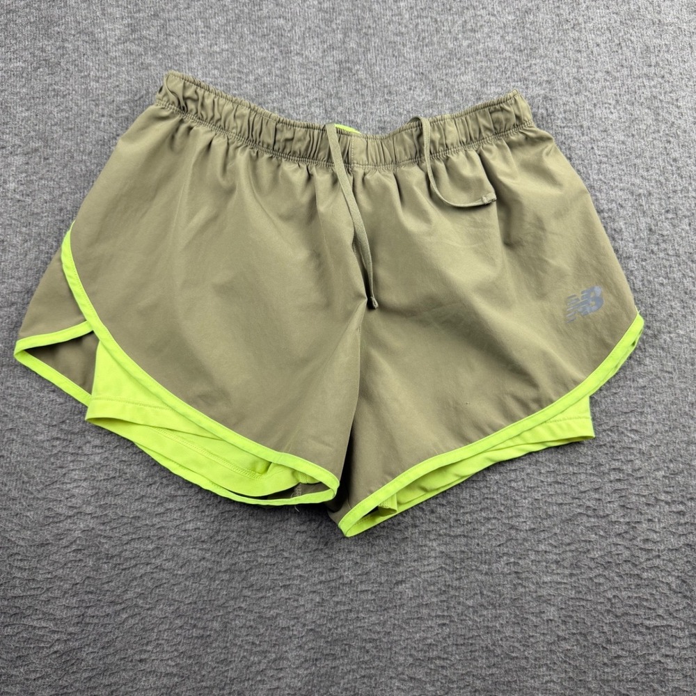 New Balance Women's S 2-in-1 Running Shorts Olive Green Neon Lime Athletic‎ Gym